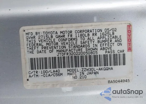 2002 Toyota Mr2 Spyder z USA, uszkodzony, nr VIN JTDFR320220050805